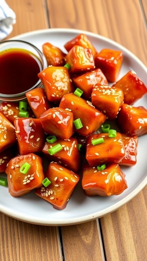 Air Fryer Honey Garlic Pork Bites Recipe Air fryer honey garlic pork bites garnished with sesame seeds and green onions on a rustic plate.
